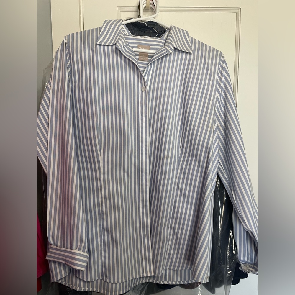 Blue and white striped Chicos no-iron shirt size 2 (Chico’s sizing) 12-Large
